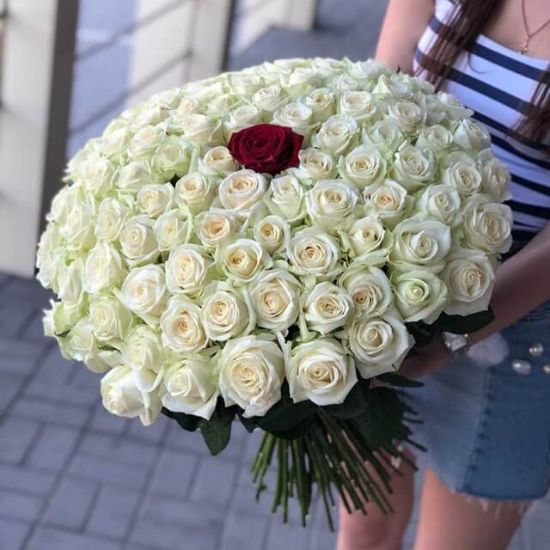 Изображение 100 белых и 1 красная роза